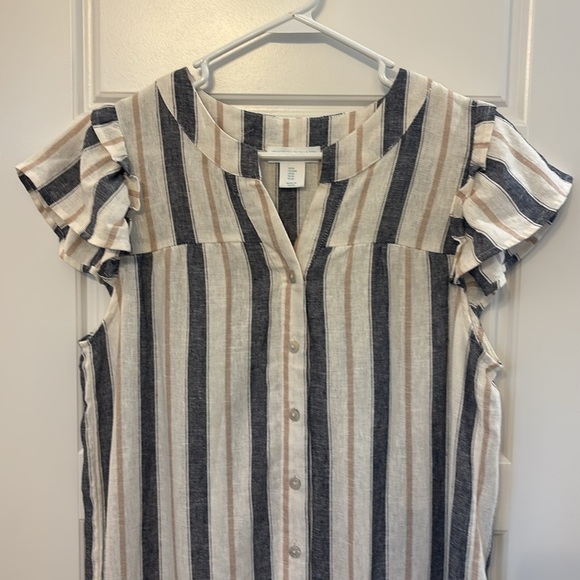 Cynthia Rowley Linen Striped Button Front Ruffle Dress Medium Resortwear Summer - Picture 7 of 12